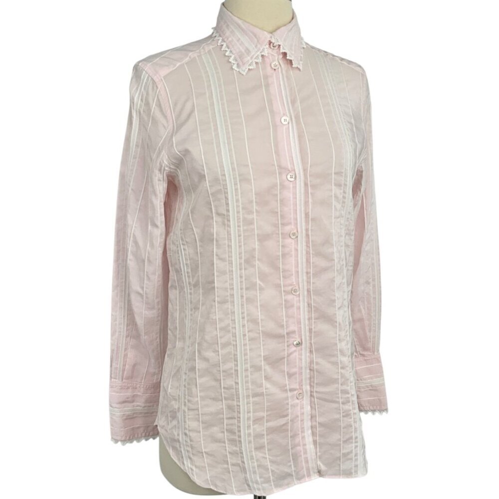 Bella Freud Button Down Shirt Pink Striped Scalloped Collar Cuffs Size 8 Preppy - Picture 9 of 12